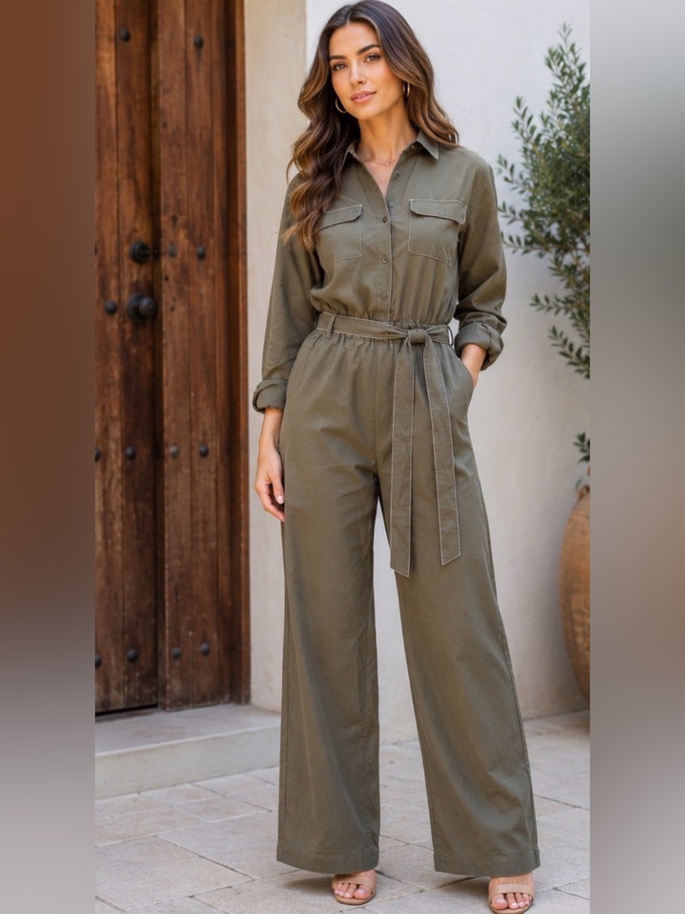LONG SLEEVE WIDE HEM JUMPSUIT - OLIVE GREEN SIZE S